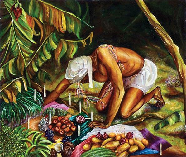 “Ofrendas La Ceiba” by Gerardo Castro, painting professor in NJCU, presented this art work in a gallery show in PR.  This work celebrates Latino and US American experiencing the Hispanic culture. Past - Present- Pa Lante 2 was the name of the Gallery show held in PR. Photo by Gerardo Castro