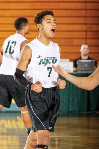 Sheldon Coure celebrating the Gothic Knights' Skyline Tournament berth. Photo courtesy of NJCU Athletics 